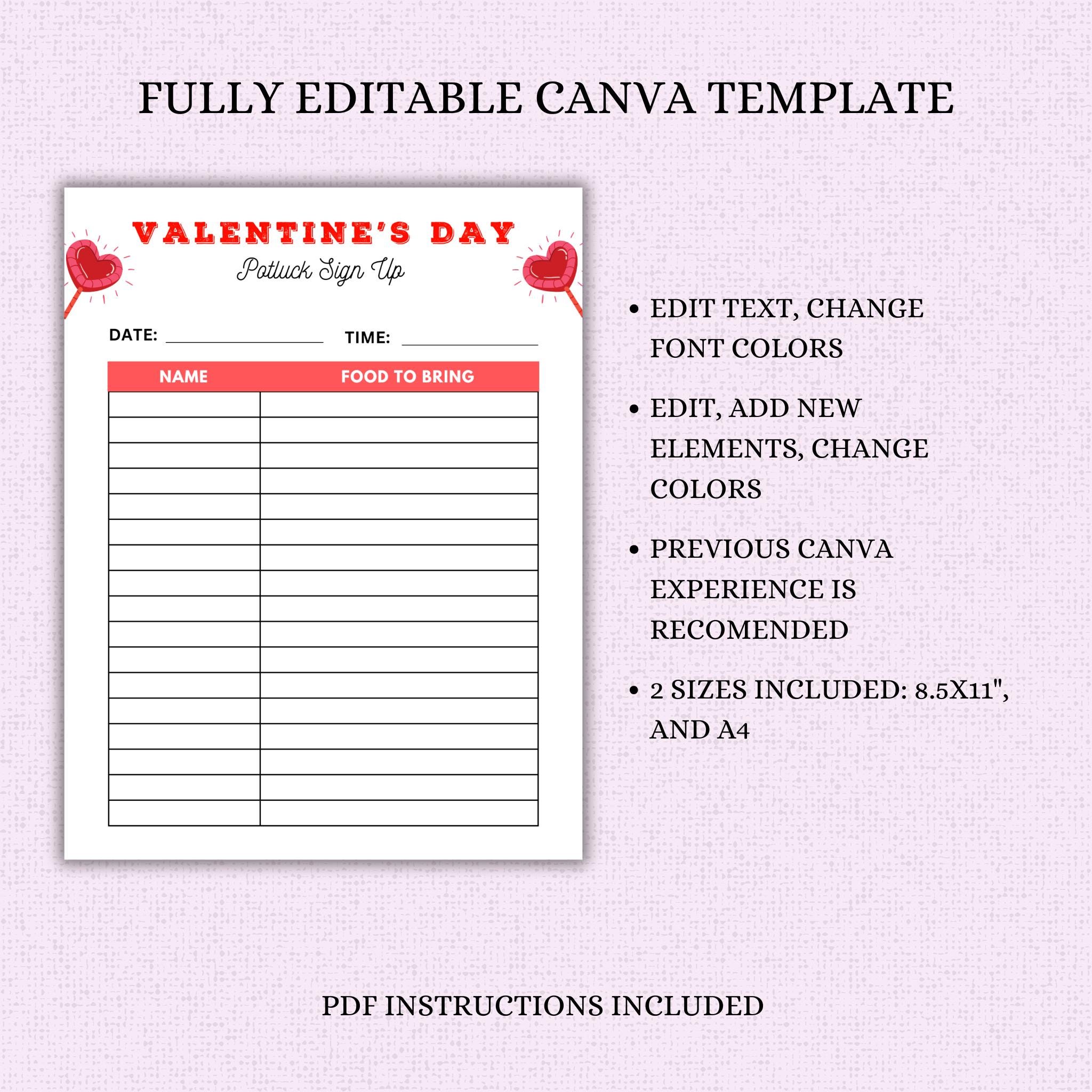 Valentine's Day Potluck Sign-Up Sheet Template