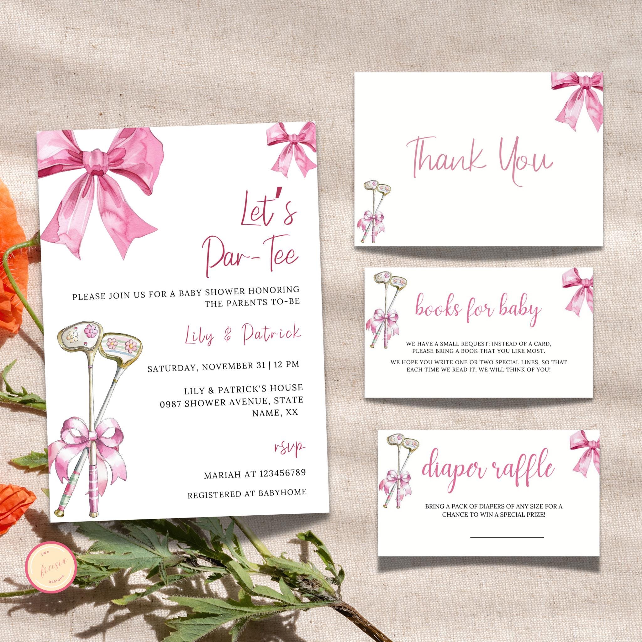 Pink Bow and Club Golf Baby Shower Invitation Bundle
