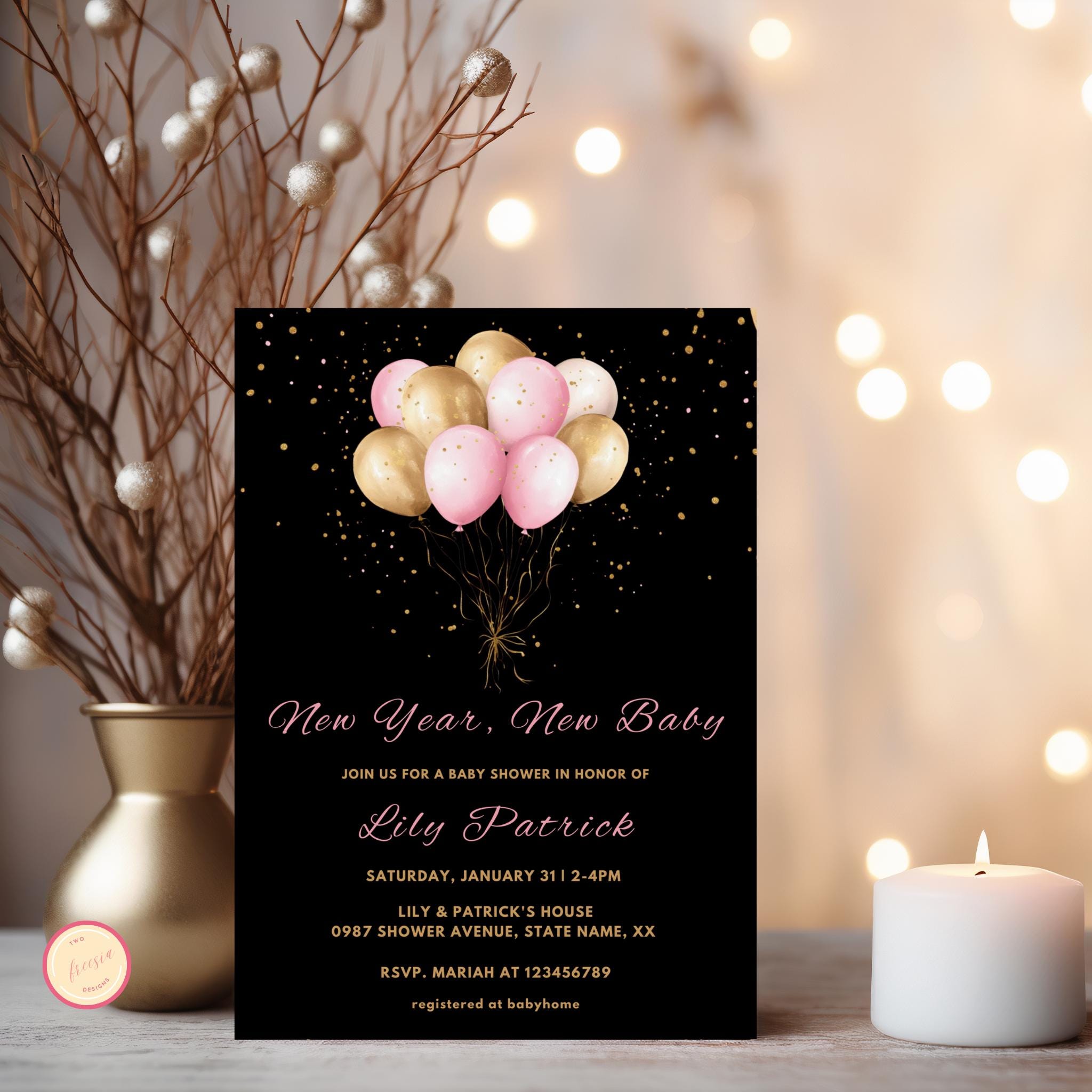 New Year, New Baby Shower Invitation Template | Gold and Pink