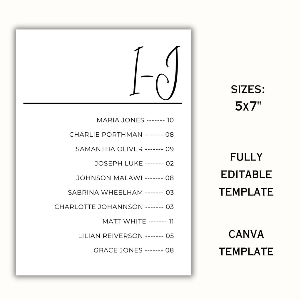 5x7 Alphabetical Seating Chart Template