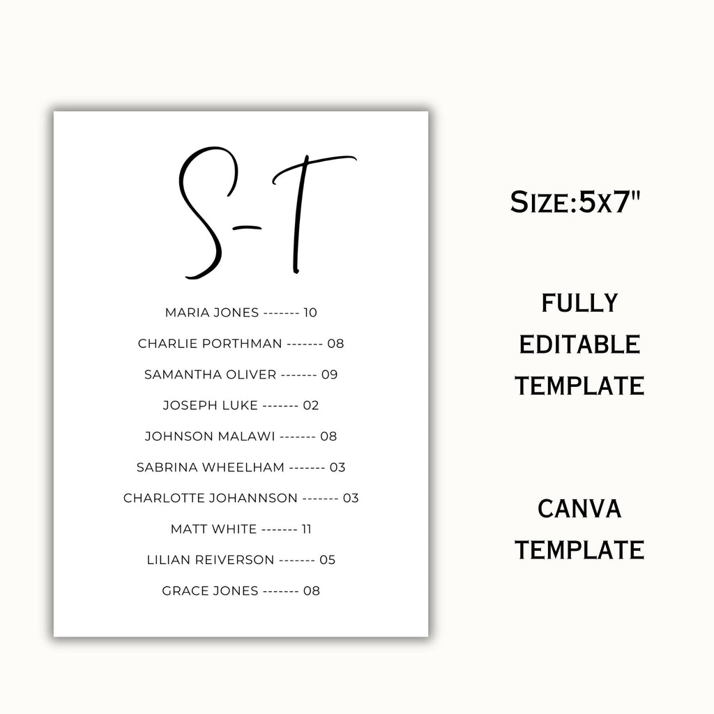 5x7 Alphabetical Seating Chart Template