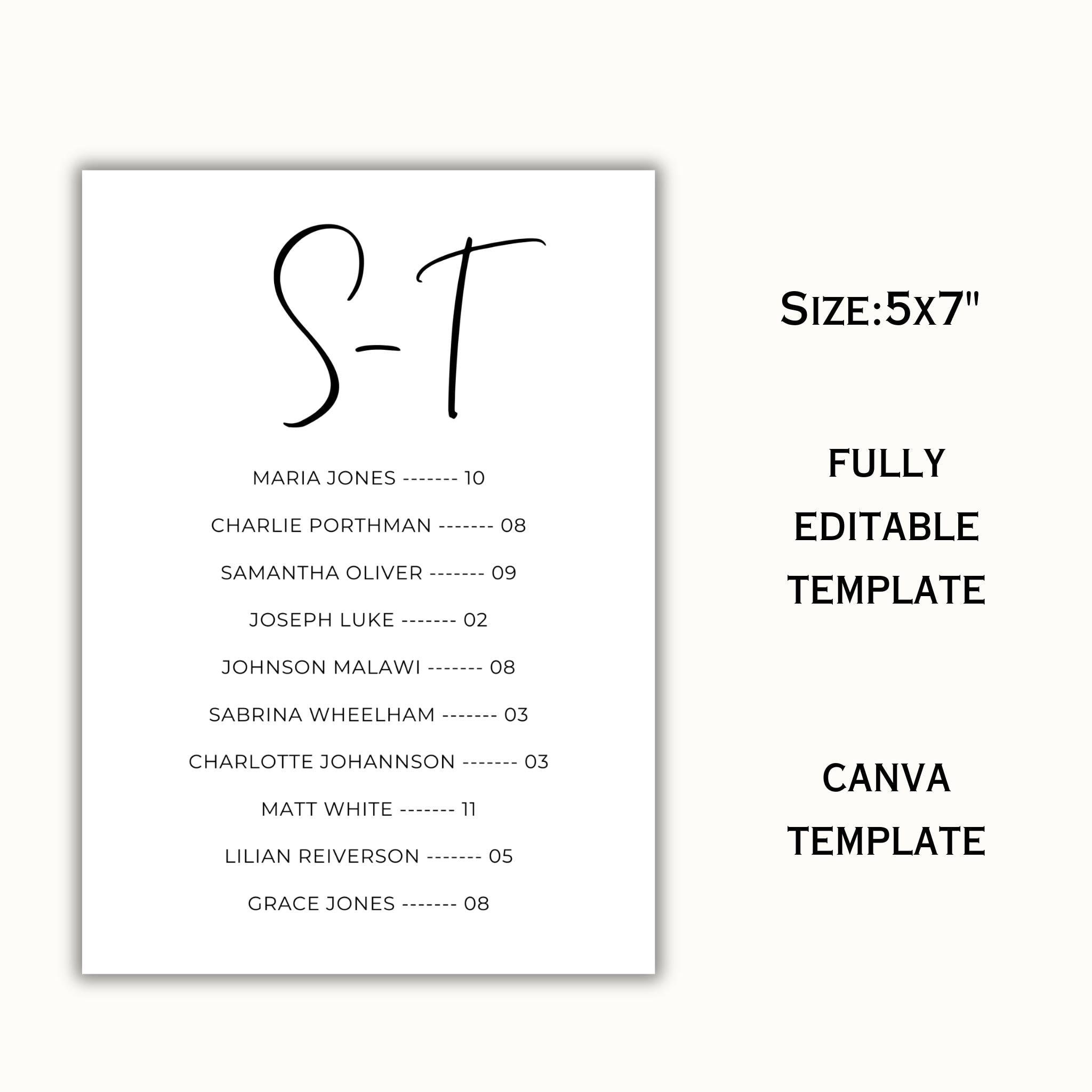 5x7 Alphabetical Seating Chart Template