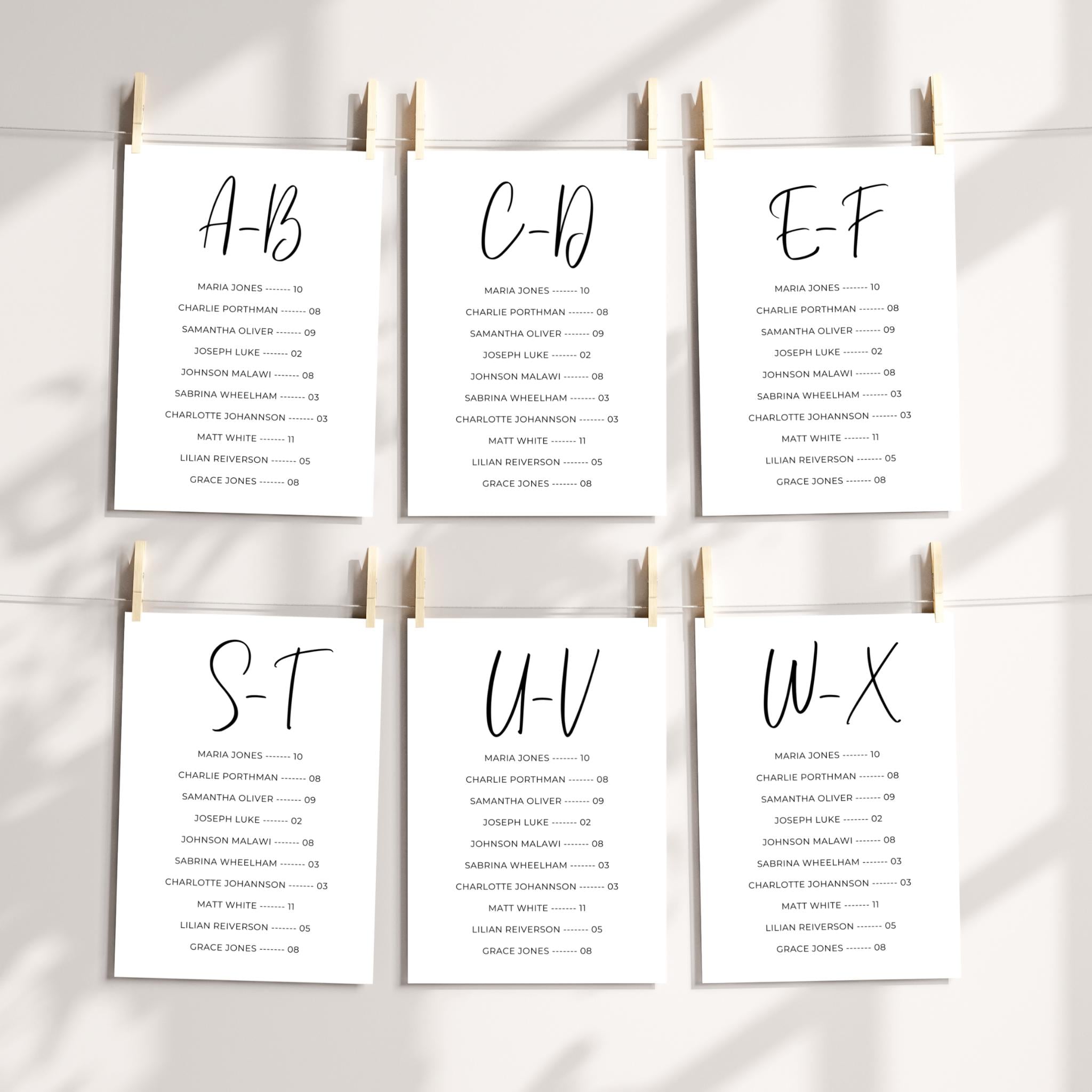 5x7 Alphabetical Seating Chart Template
