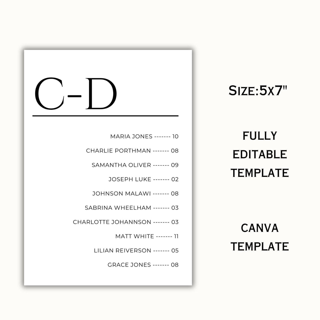 Alphabetical Wedding Seating Chart Template