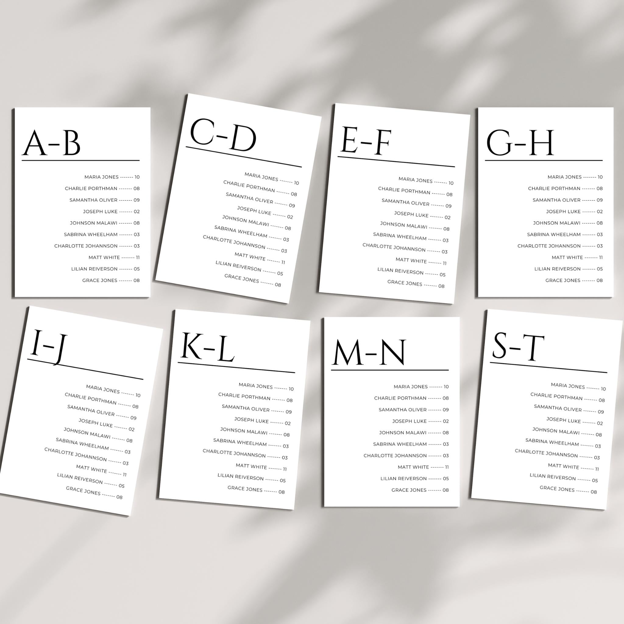 Alphabetical Seating Chart Template, 5x7