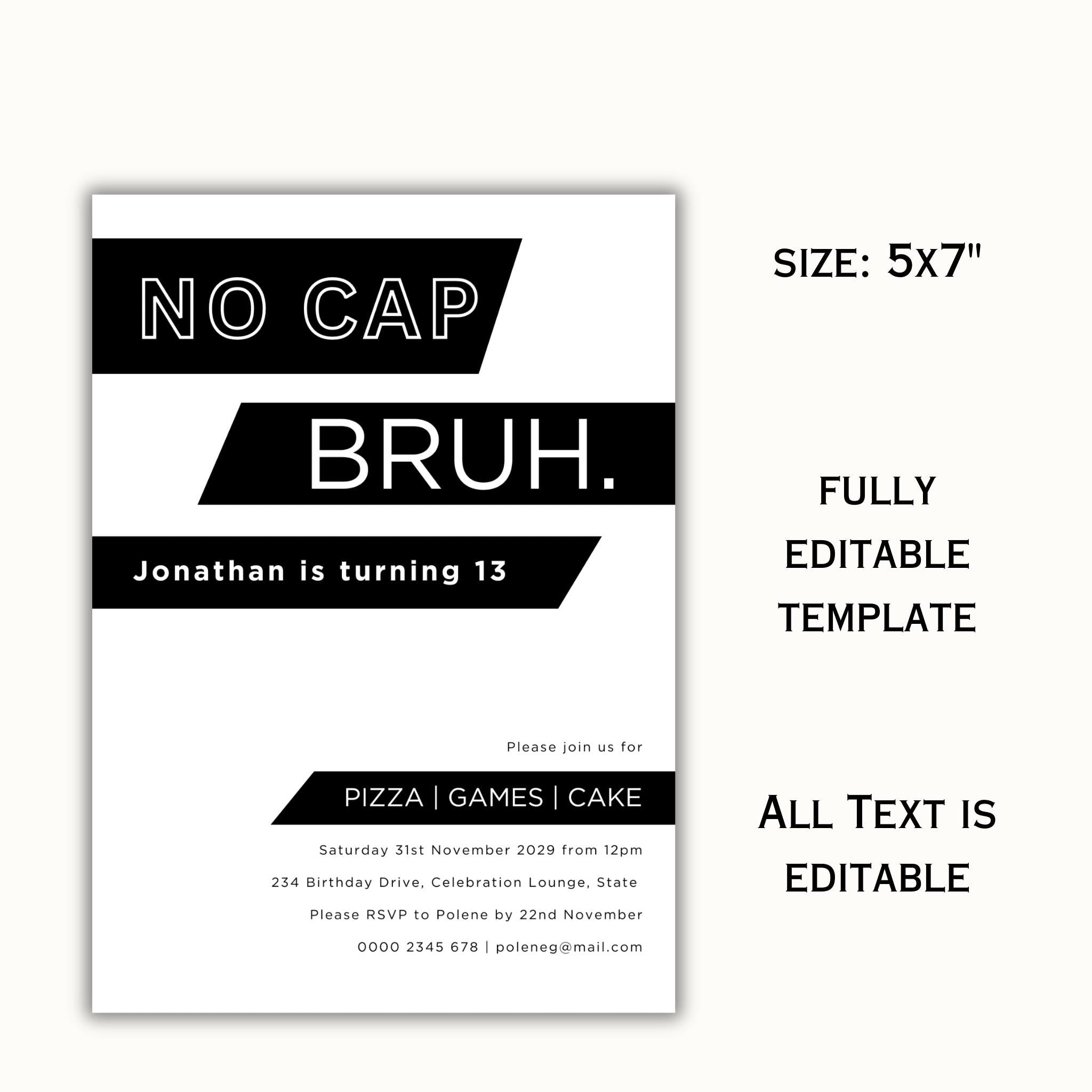 No Cap Bruh, Birthday Invitation Template