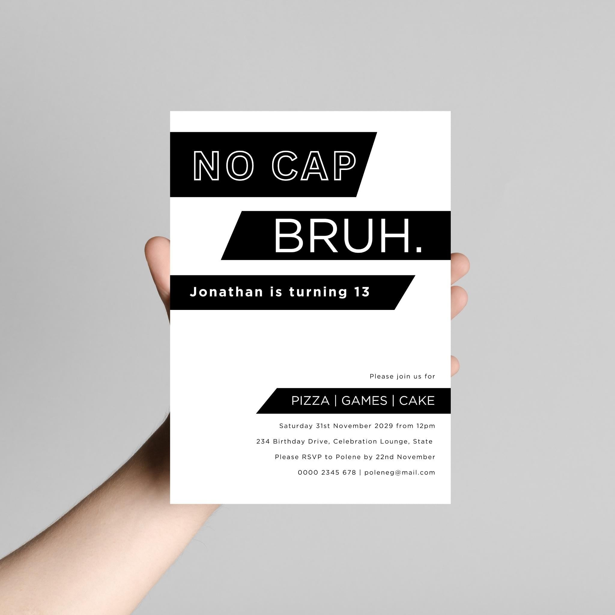 No Cap Bruh, Birthday Invitation Template