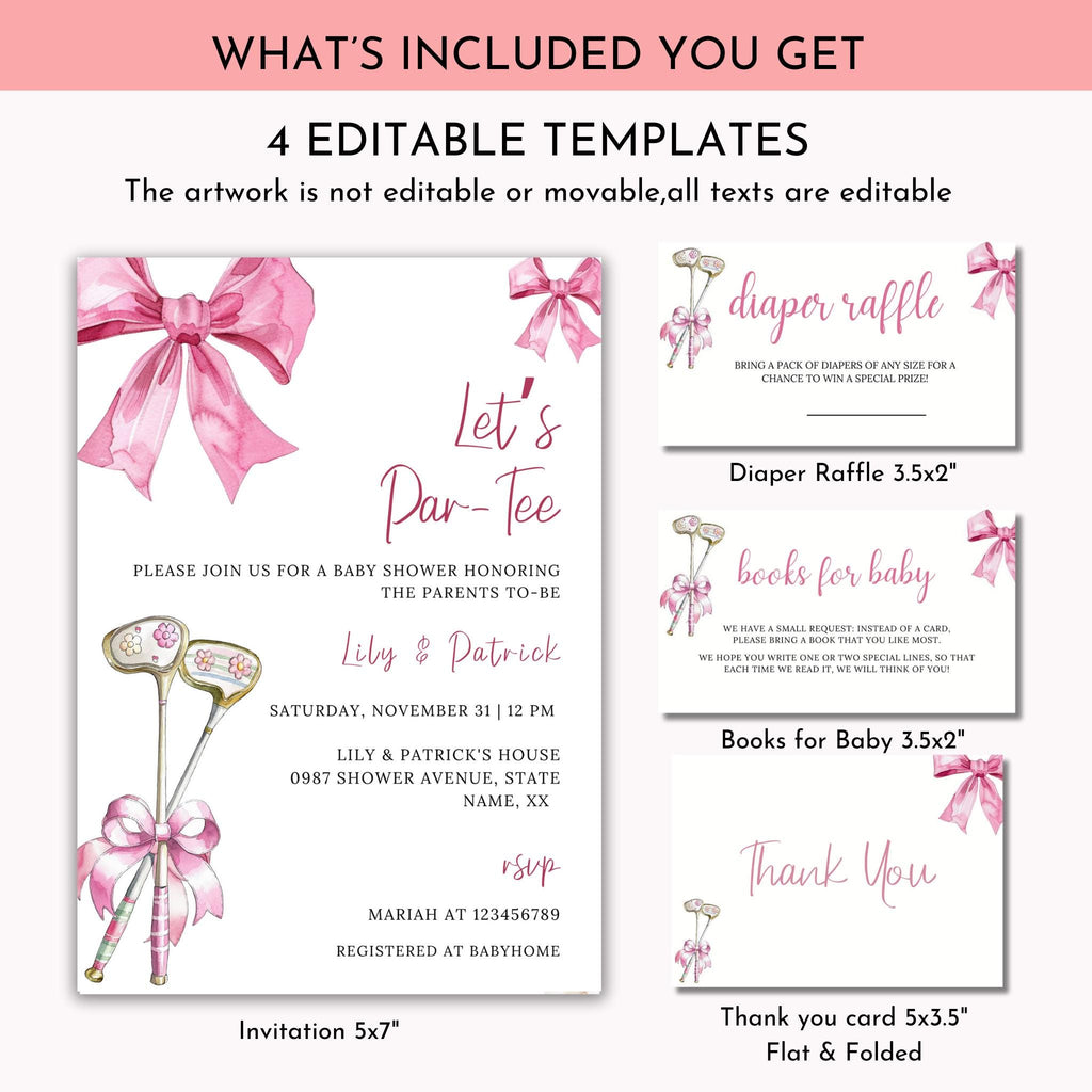 Pink Bow and Club Golf Baby Shower Invitation Bundle