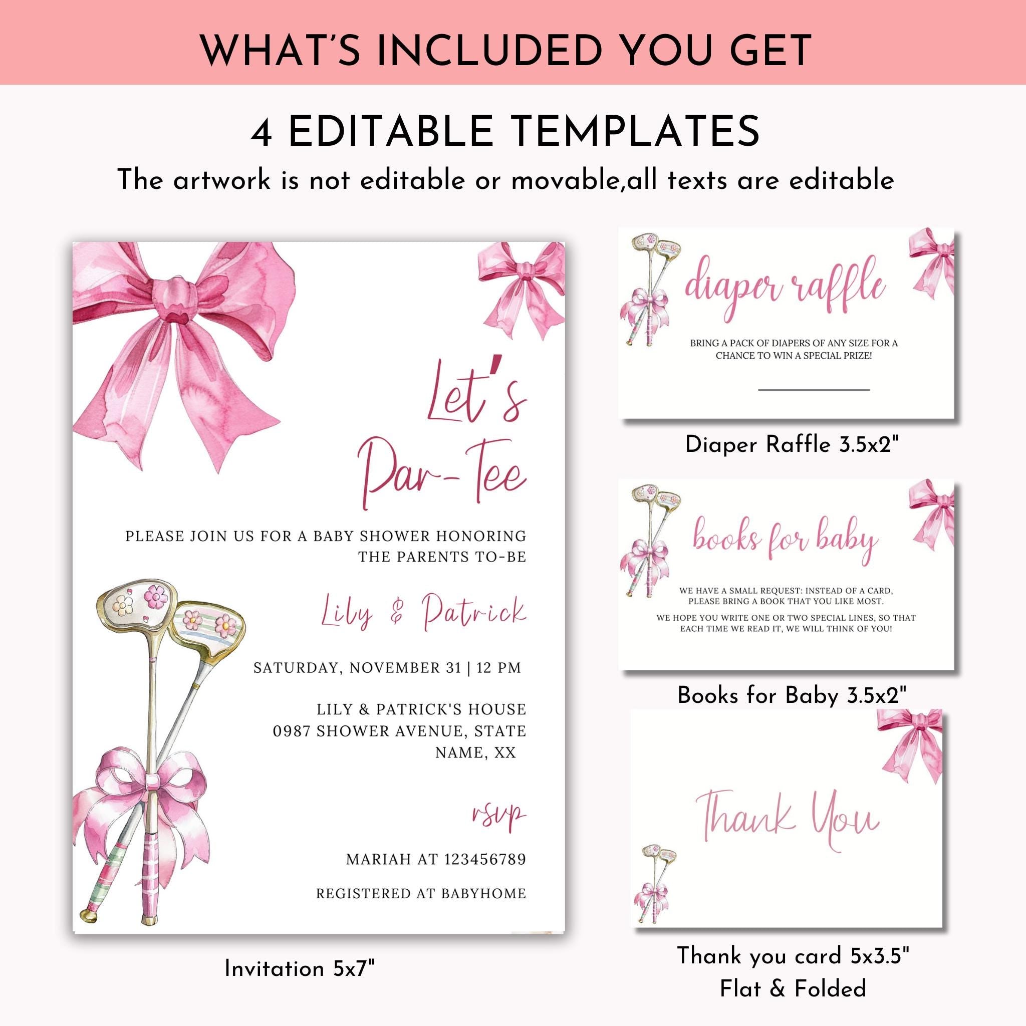 Pink Bow and Club Golf Baby Shower Invitation Bundle