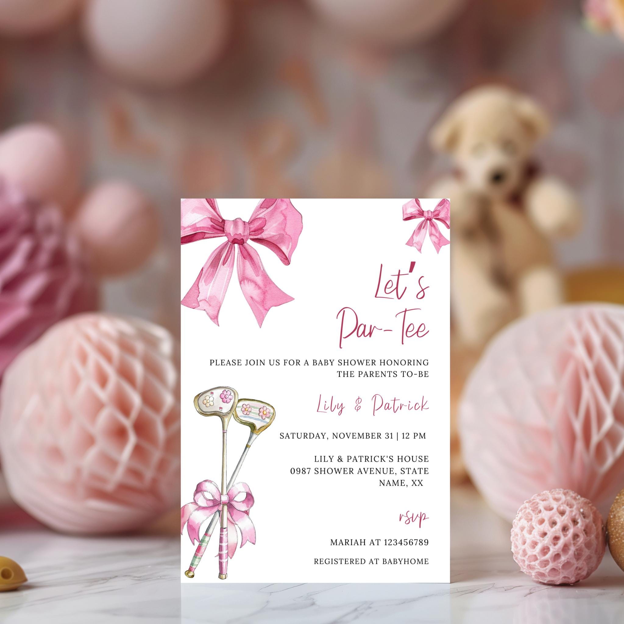 Pink Bow and Club Golf Baby Shower Invitation Bundle