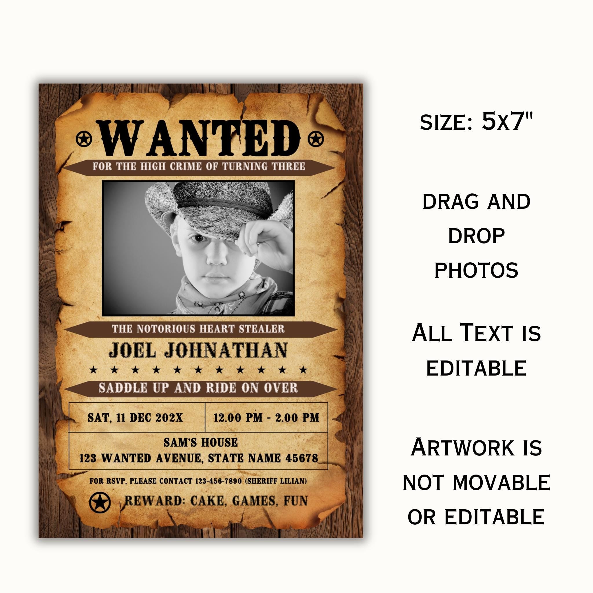 Editable Wanted Poster Invitation Template with Photo