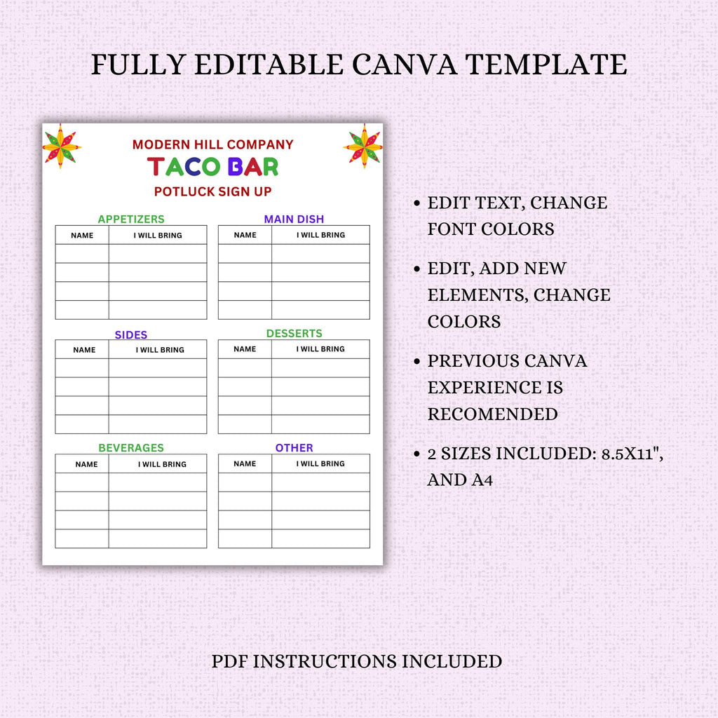 Taco Bar Potluck Sign-up Sheet Template