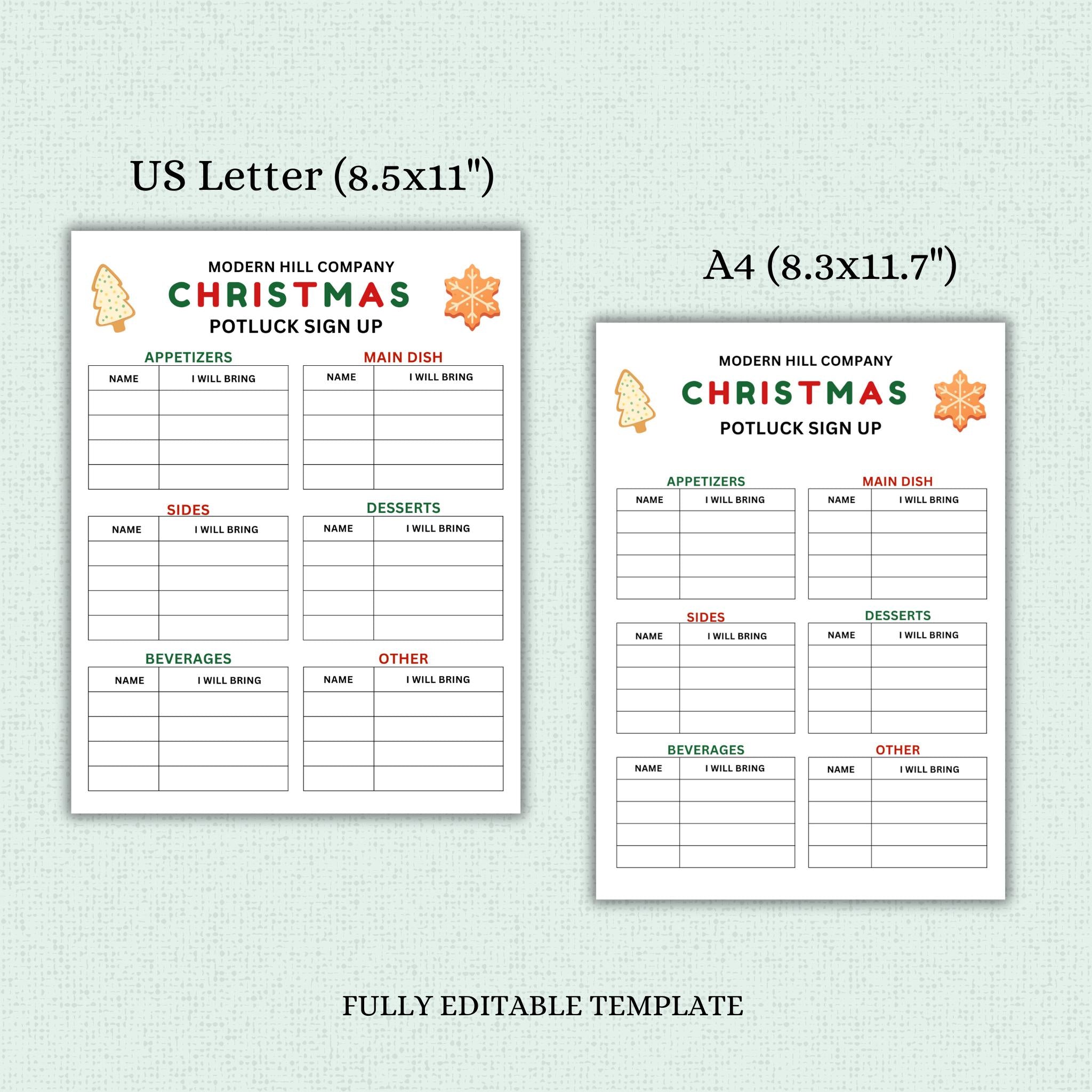 Christmas Potluck Sign-Up Sheet Template
