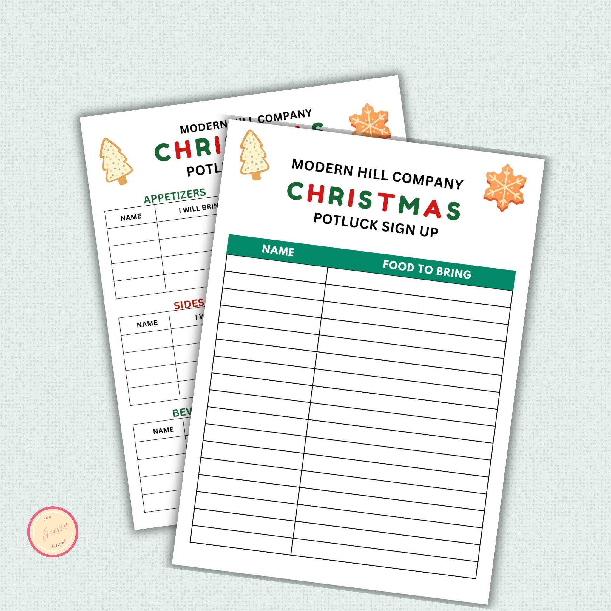 Christmas Potluck Sign-Up Sheet Template