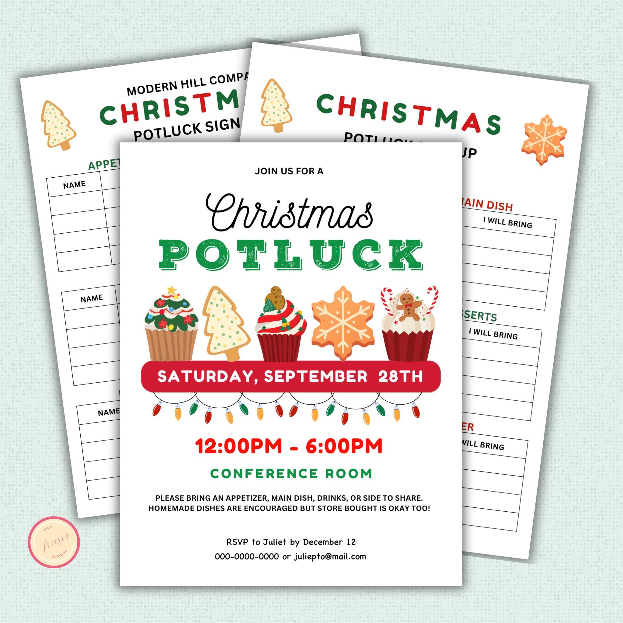 Editable Christmas Potluck Flyer Template – 2freesiadesigns
