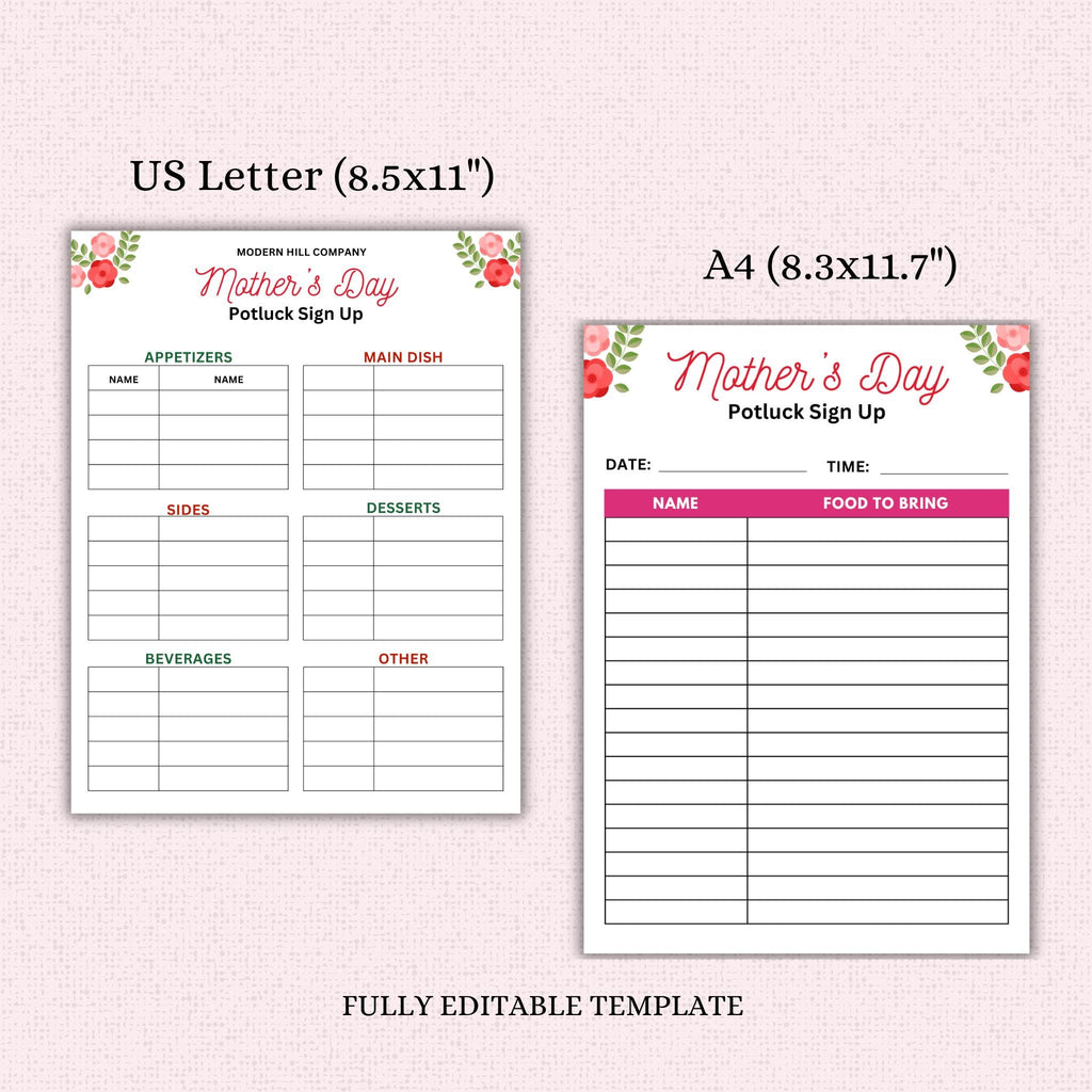 Mother's Day Potluck Sign-Up Sheet Template