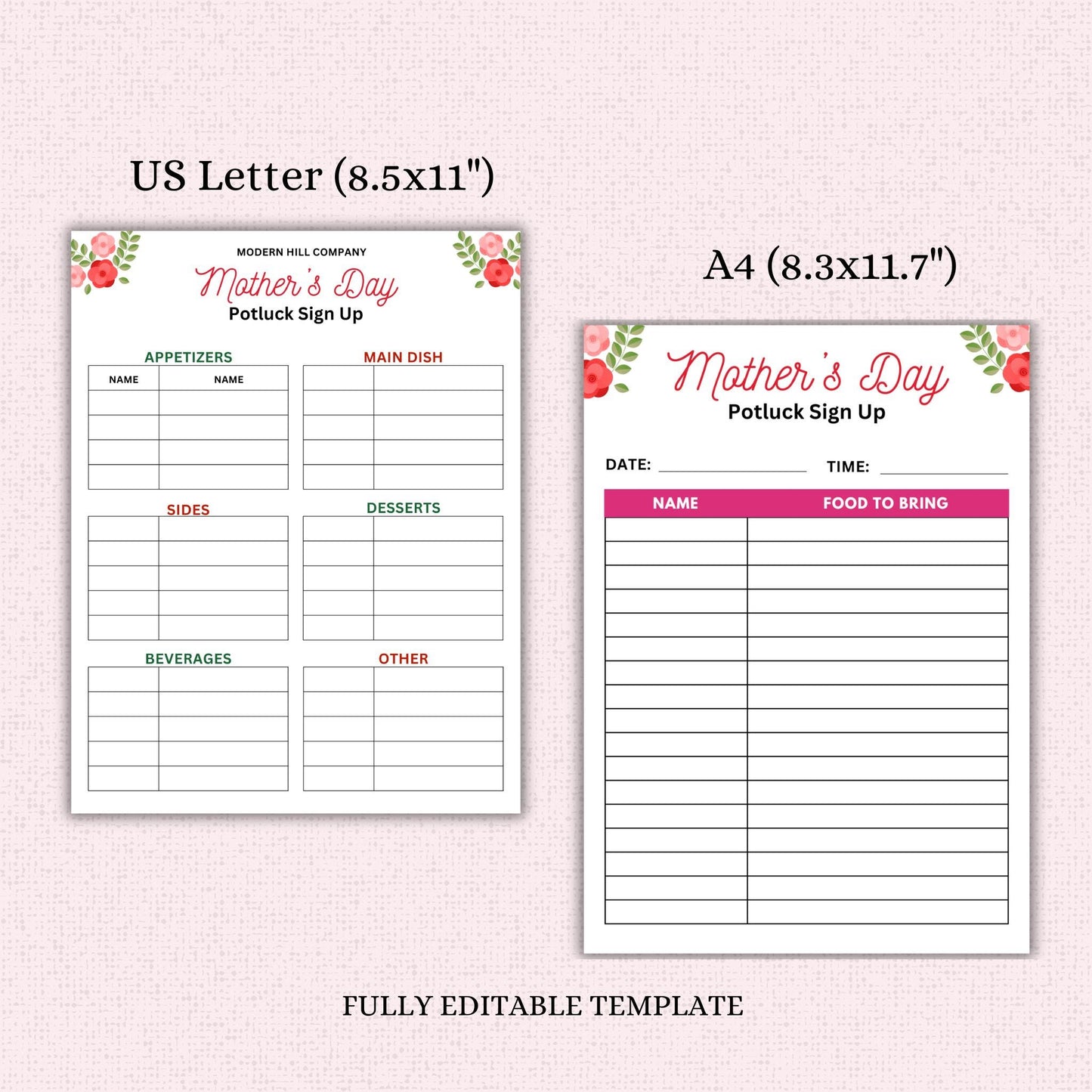 Mother's Day Potluck Sign-Up Sheet Template