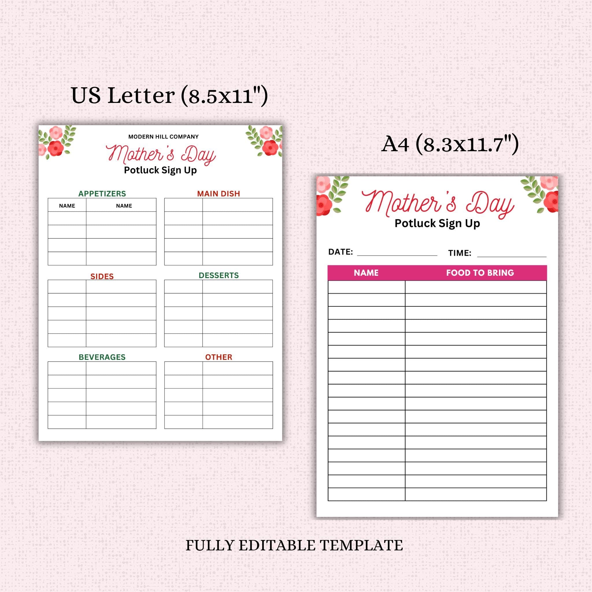 Mother's Day Potluck Sign-Up Sheet Template