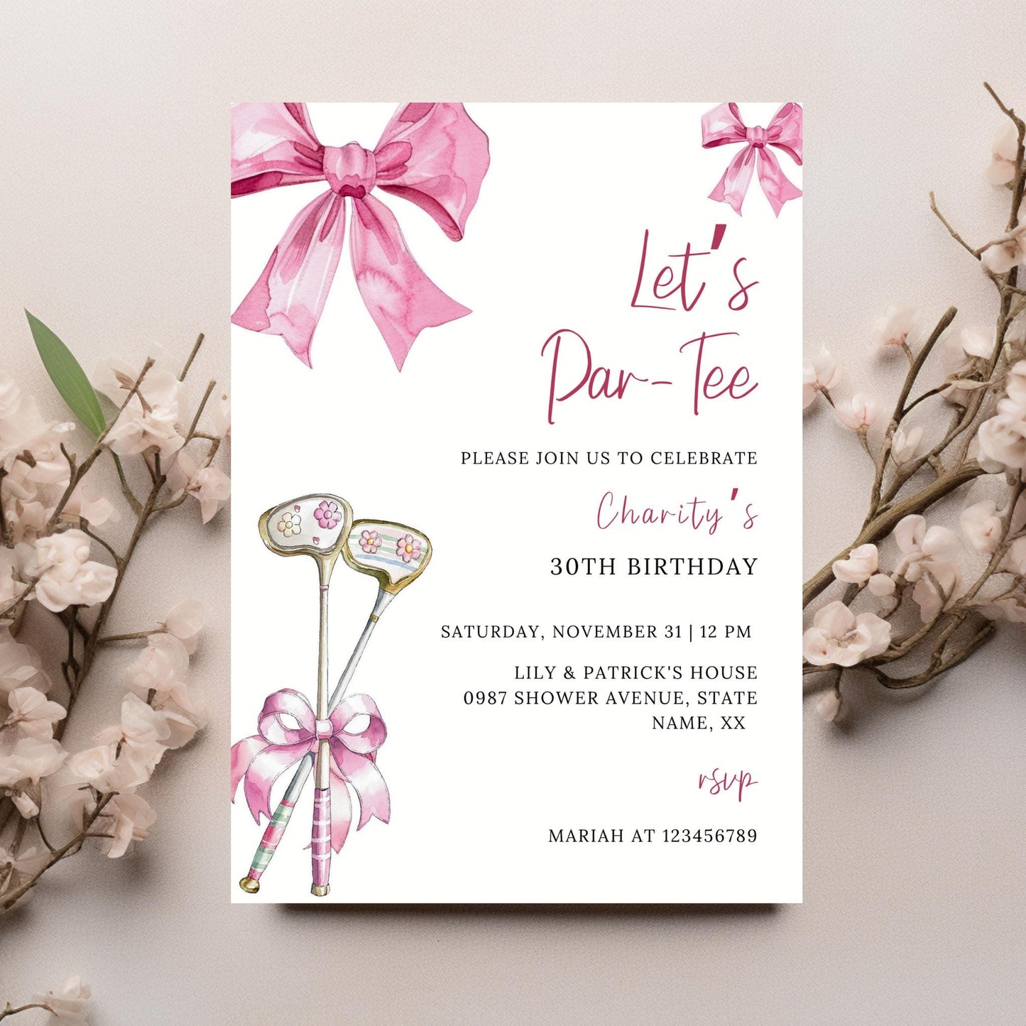 Pink Bow & Club Golf Birthday Invitation