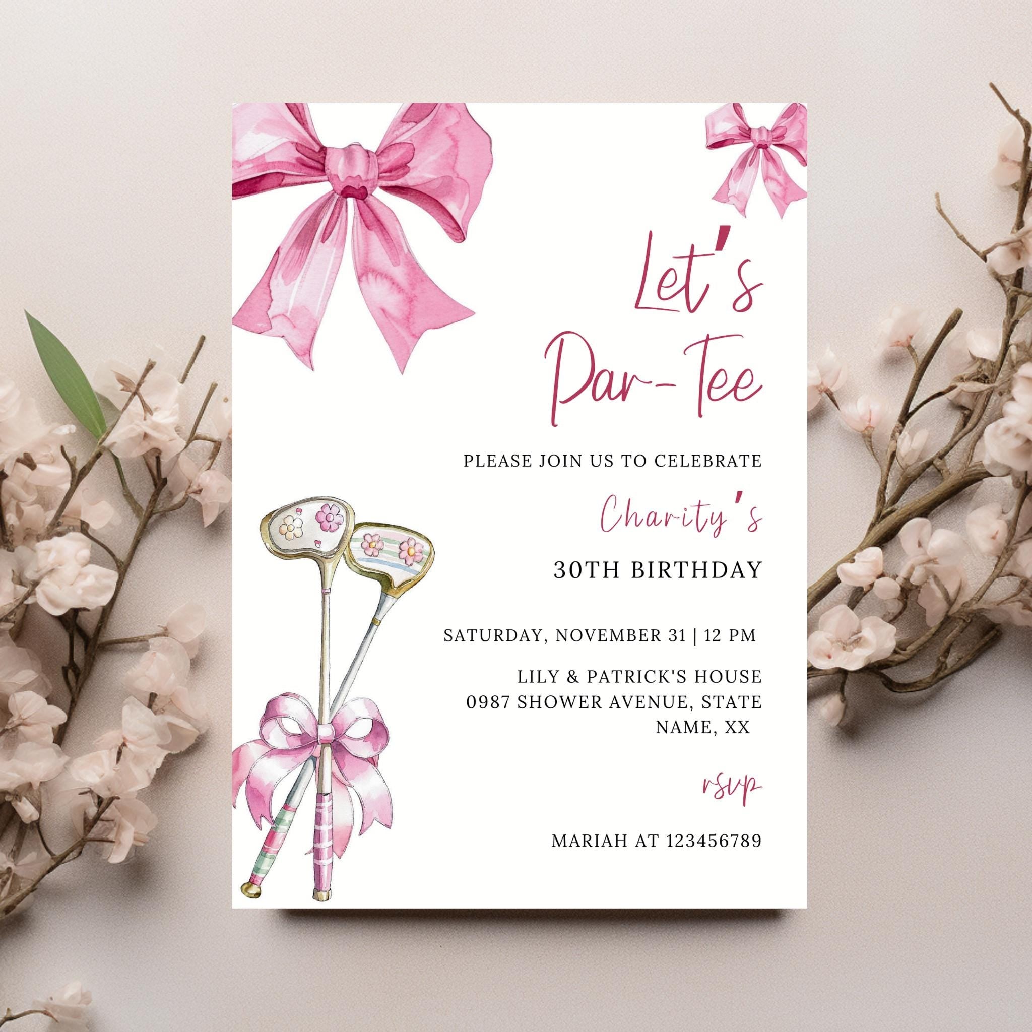 Pink Bow & Club Golf Birthday Invitation