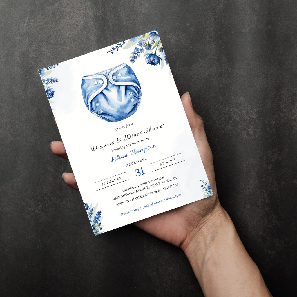 Diapers and Wipes Shower Invitation, Diaper Shower Invite, It's a Baby Boy, Blue Floral Invitation - Printable and Editable Invite