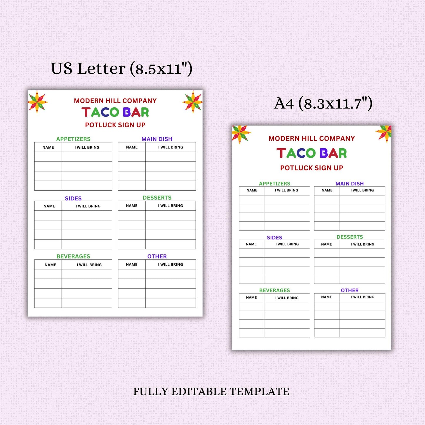 Taco Bar Potluck Sign-up Sheet Template