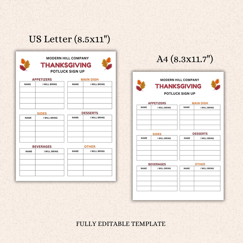Thanksgiving Potluck Sign-up Sheet Template