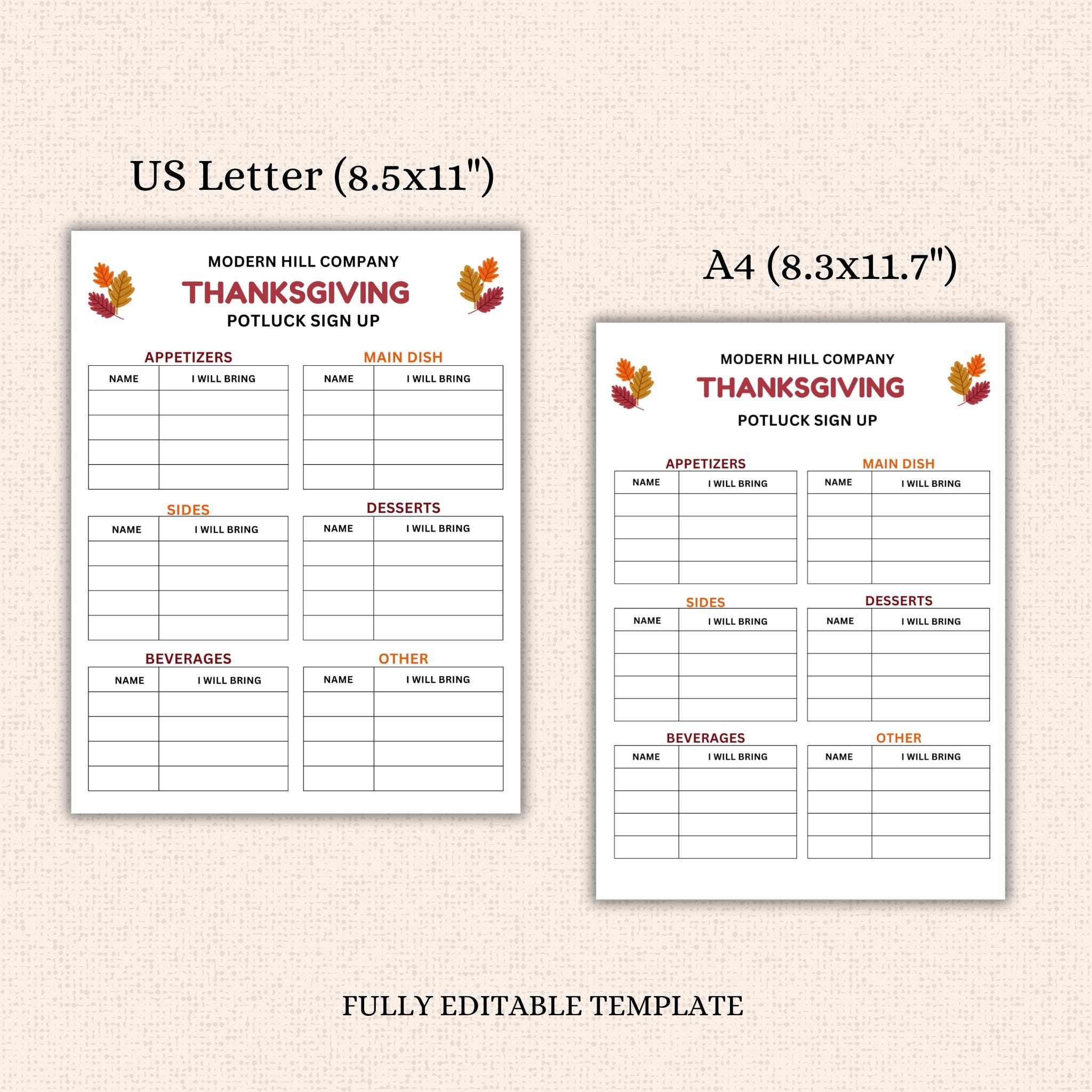 Thanksgiving Potluck Sign-up Sheet Template