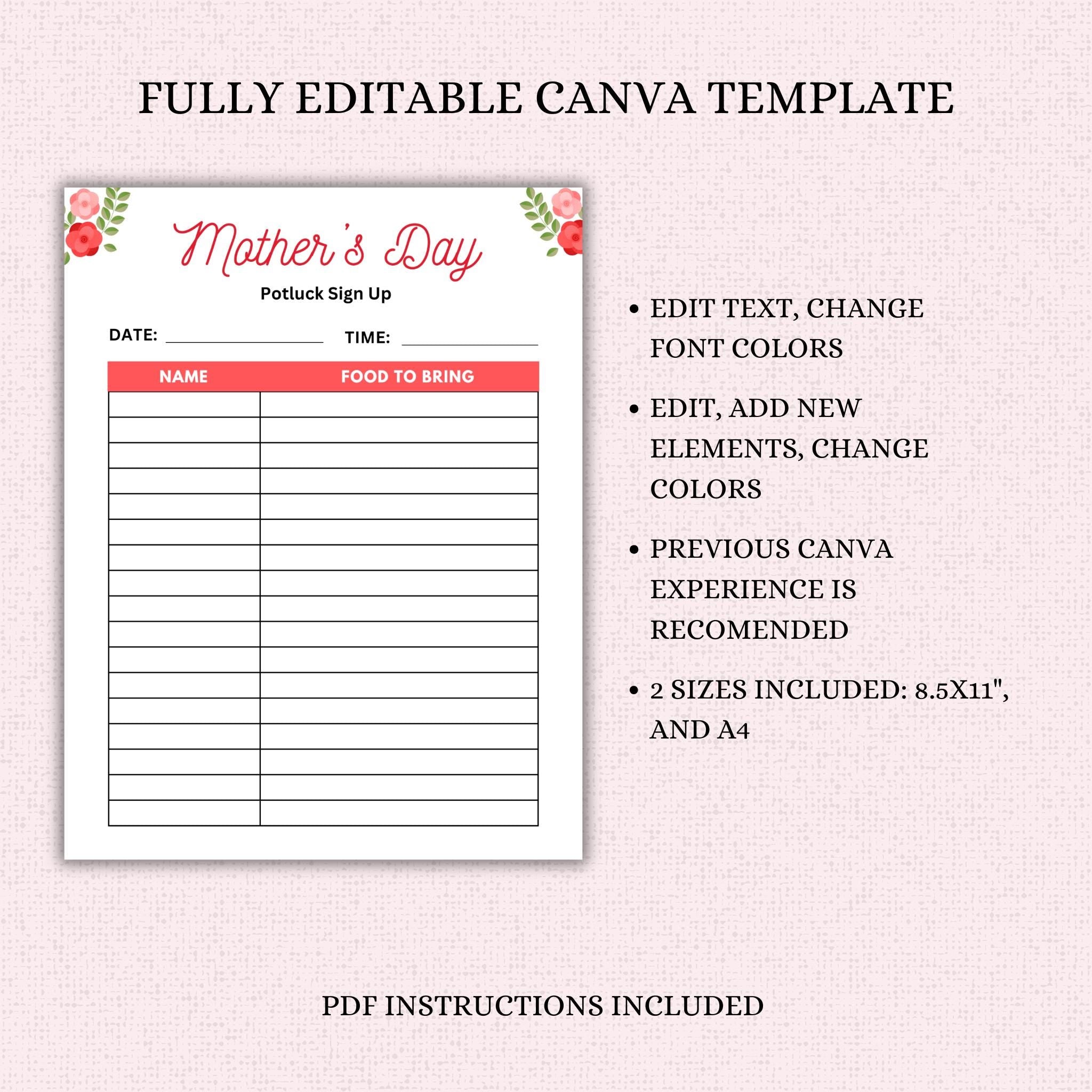 Mother's Day Potluck Sign-Up Sheet Template
