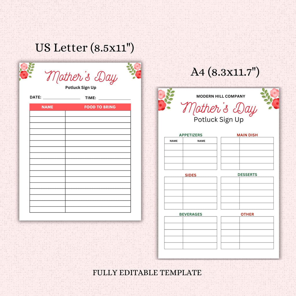 Mother's Day Potluck Flyer and Sign Up Sheet Template
