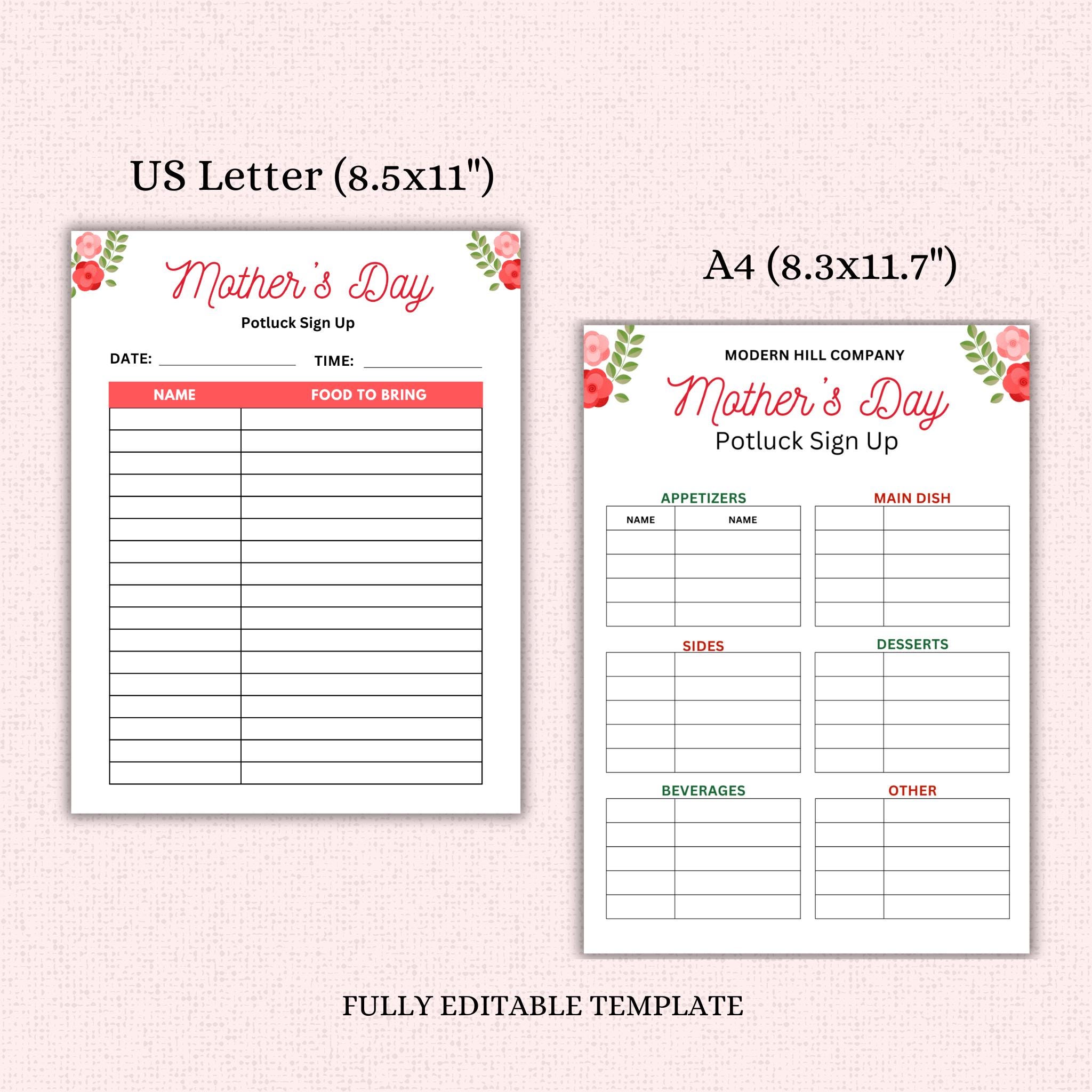 Mother's Day Potluck Flyer and Sign Up Sheet Template
