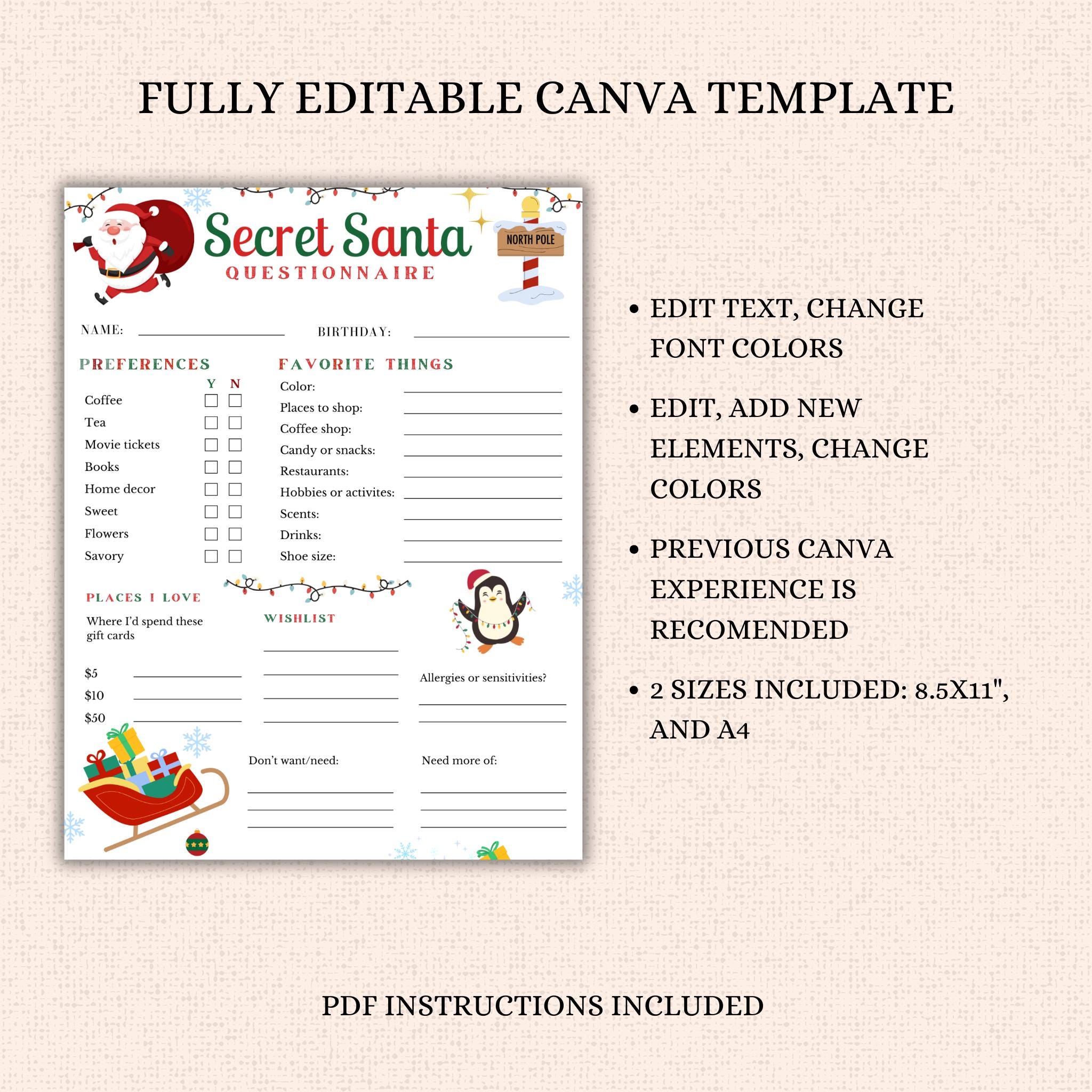 Editable Secret Santa Questionnaire Printable