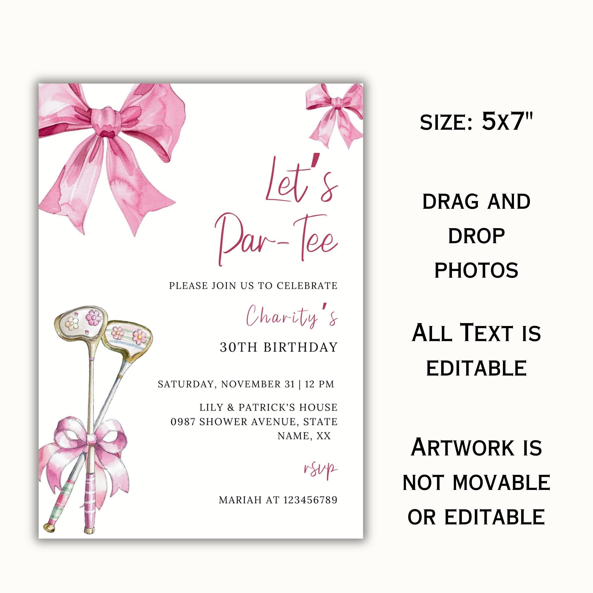 Pink Bow & Club Golf Birthday Invitation