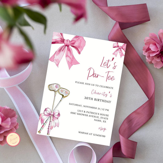 Pink Bow & Club Golf Birthday Invitation