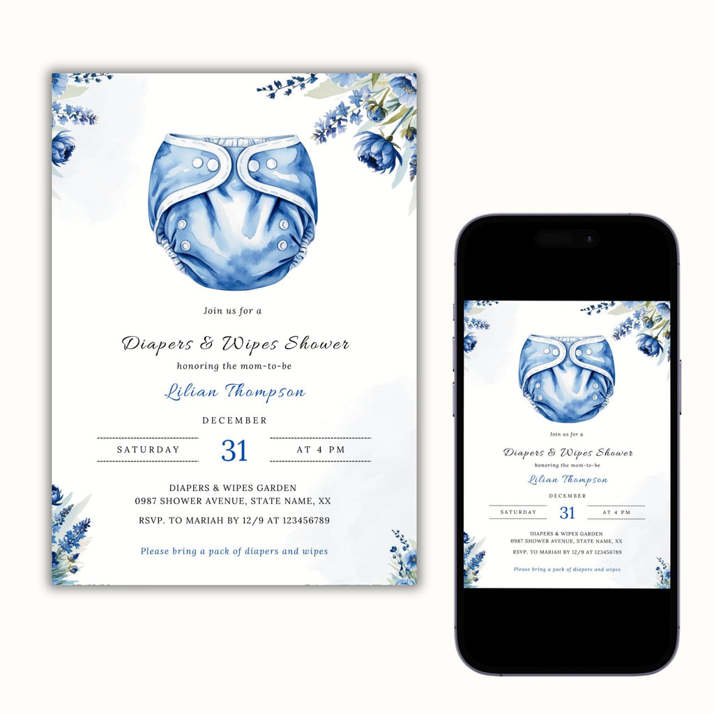 Diapers and Wipes Shower Invitation, Diaper Shower Invite, It's a Baby Boy, Blue Floral Invitation - Printable and Editable Invite