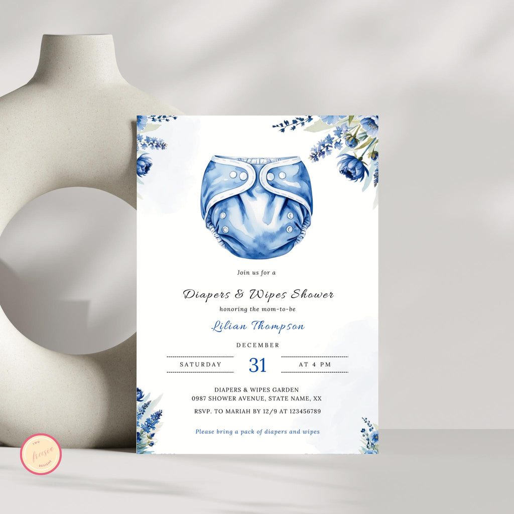 Diapers and Wipes Shower Invitation, Diaper Shower Invite, It's a Baby Boy, Blue Floral Invitation - Printable and Editable Invite