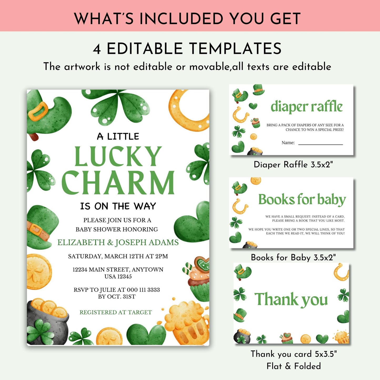 A Lucky Charm on the Way Baby Shower Invitation Bundle Editable - St Patrick's Day