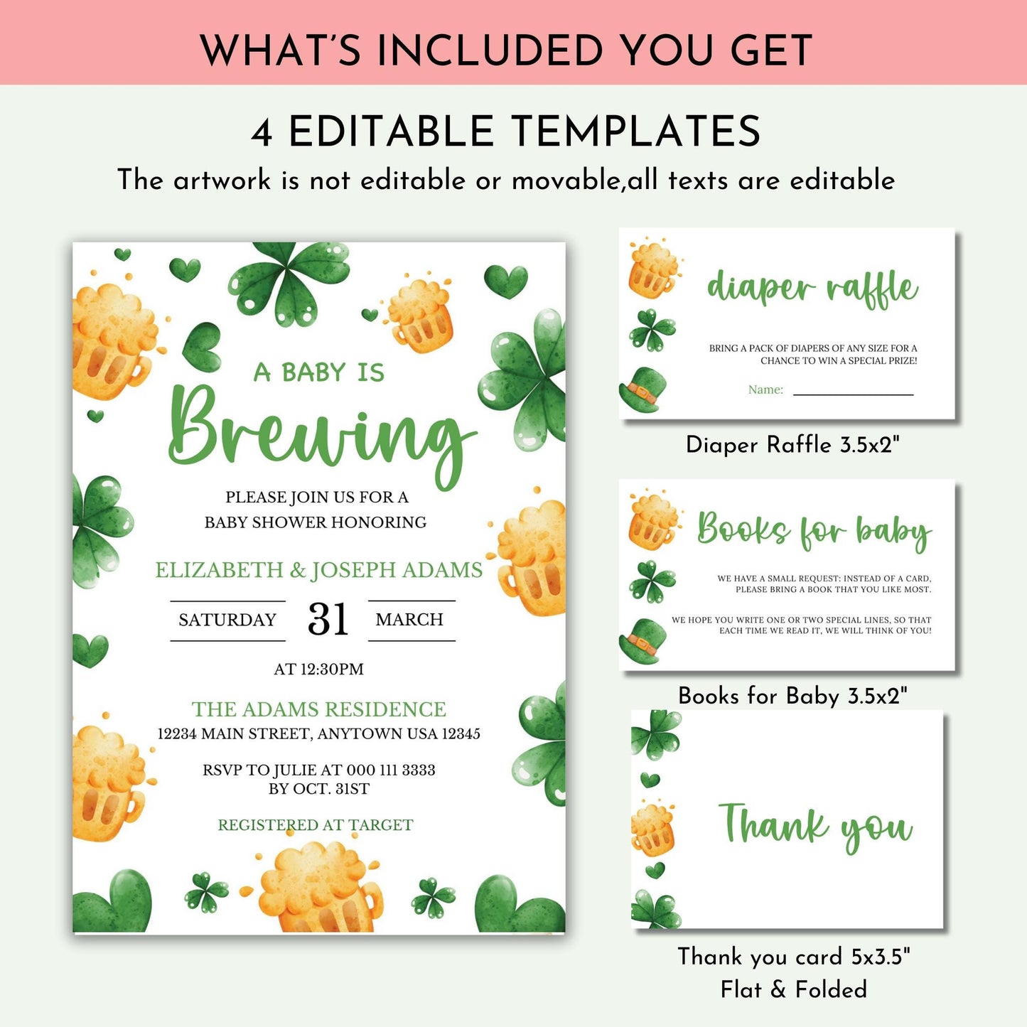 A Baby is Brewing - Editable St Patrick's Baby Shower Invitation Bundle