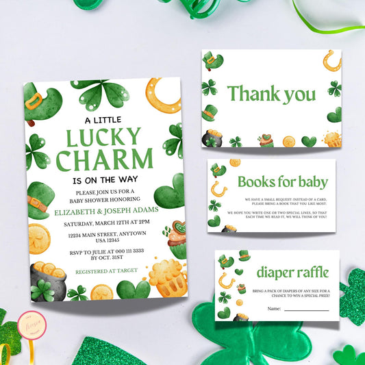 A Lucky Charm on the Way Baby Shower Invitation Bundle Editable - St Patrick's Day