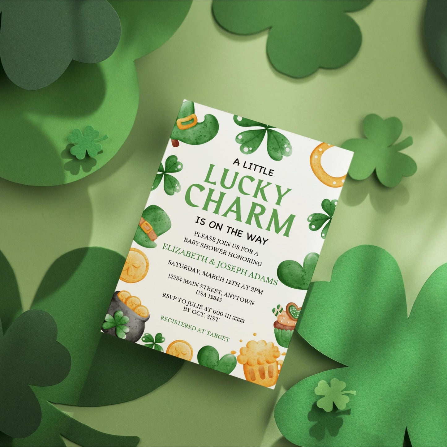 A Lucky Charm on the Way Baby Shower Invitation Bundle Editable - St Patrick's Day