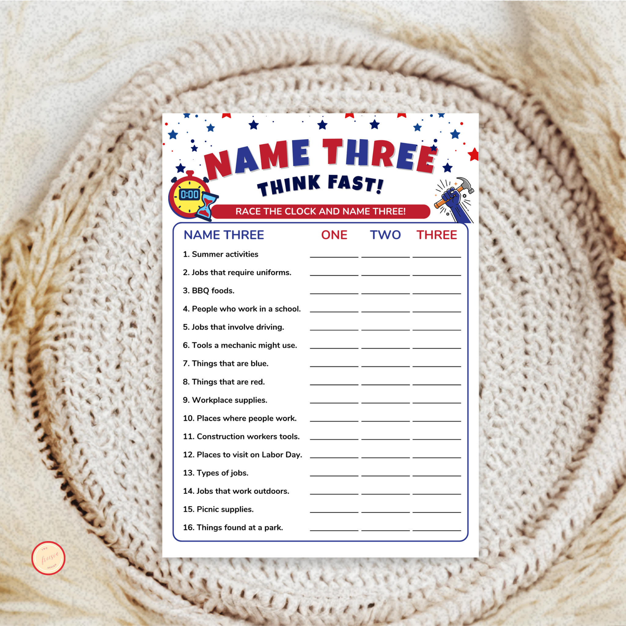Name Three Game - Labor Day