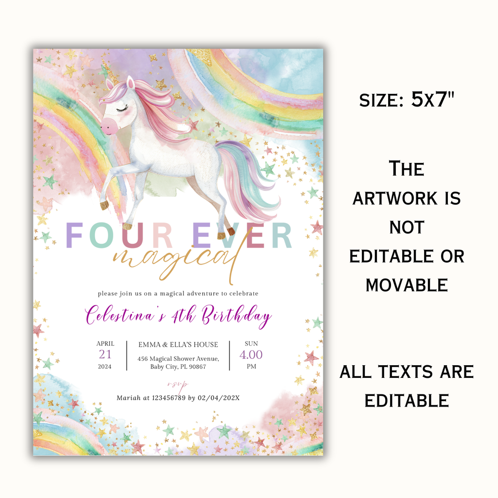 Unicorn 4th Birthday Invitation