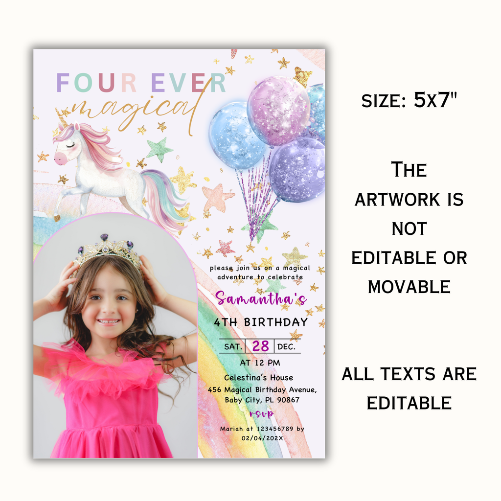 Unicorn 4th Birthday Invitation with Photo