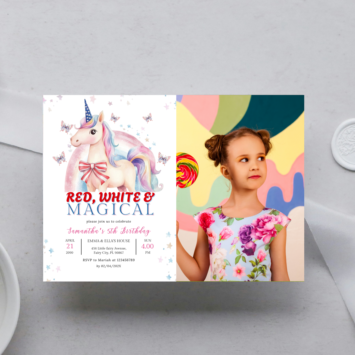 Patriotic Unicorn Birthday Invitation with Photo