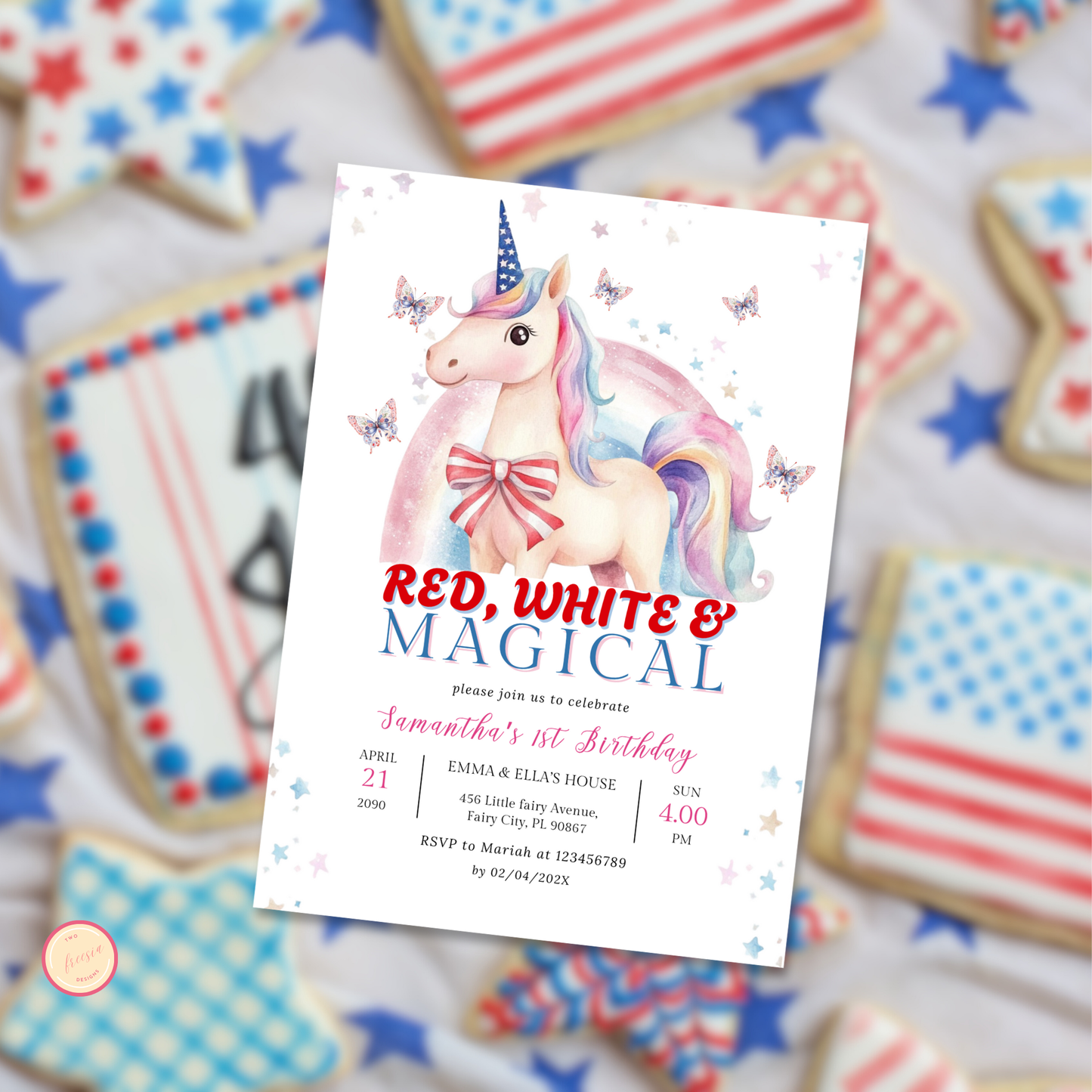 Patriotic Unicorn 1st Birthday Invitation