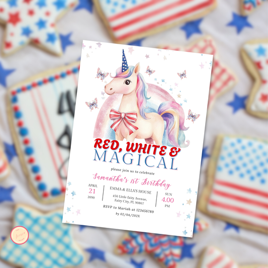 Patriotic Unicorn 1st Birthday Invitation