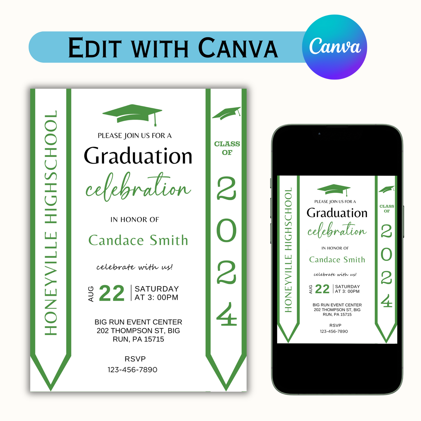 Editable Graduation Invitation with Photo - Green