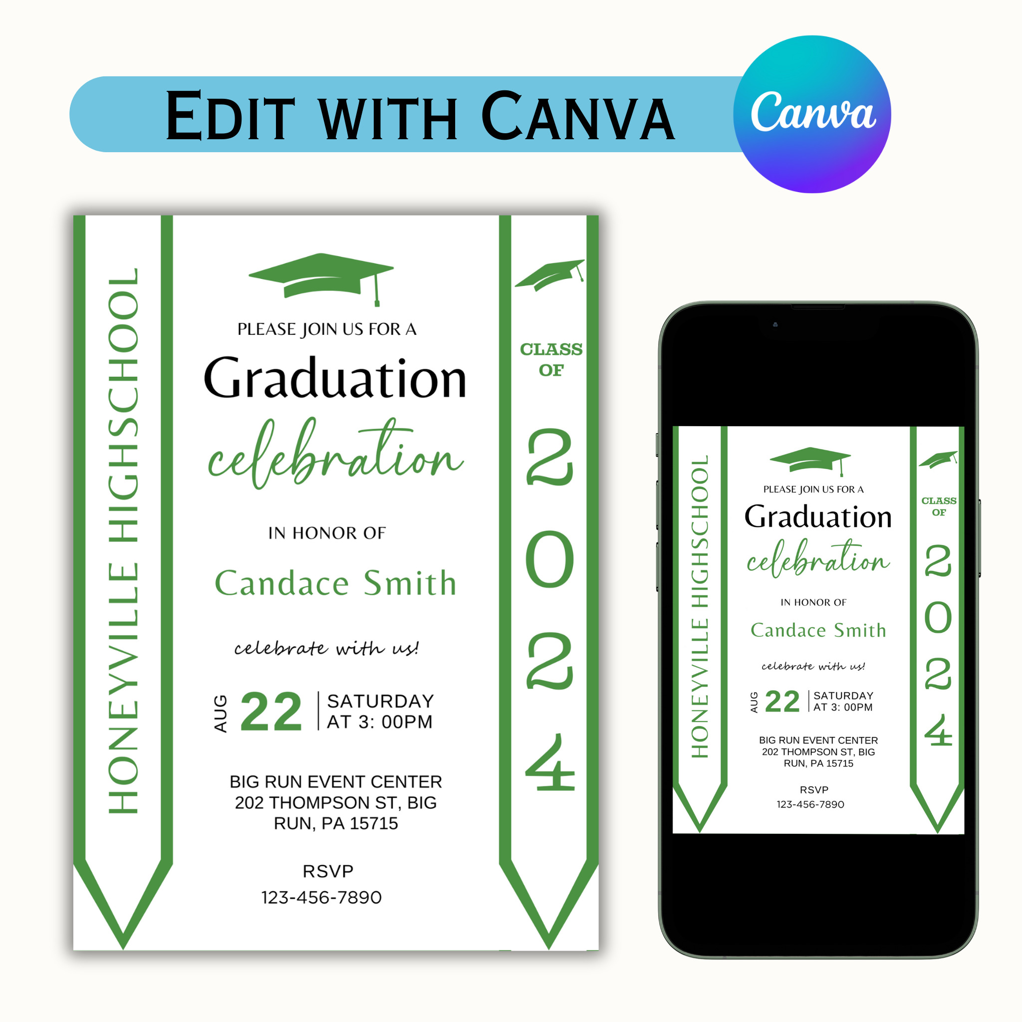 Editable Graduation Invitation with Photo - Green