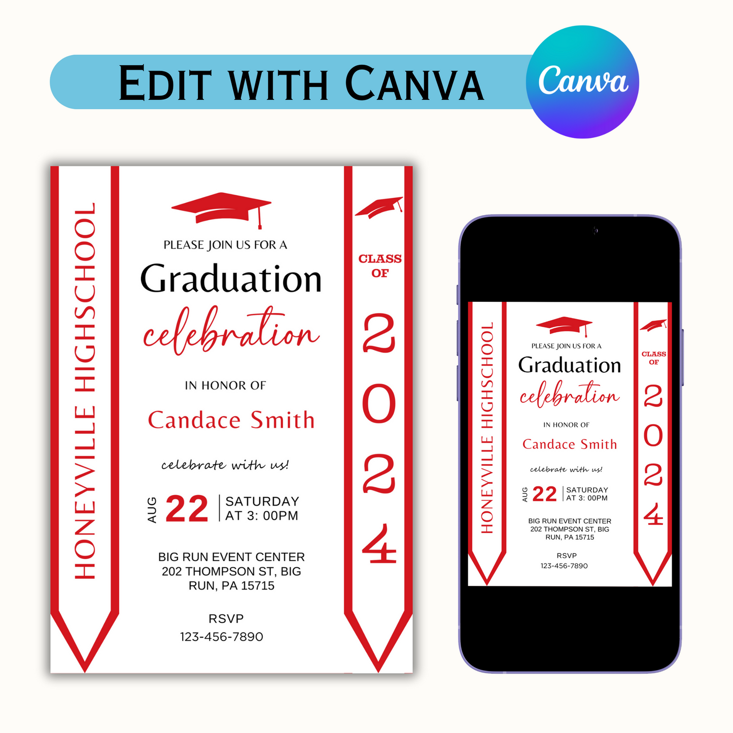 Editable Graduation Invitation Template with Photo - Red