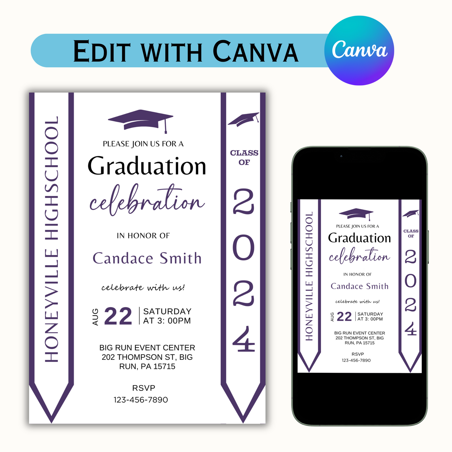 Purple Graduation Invitation with Photo - Editable Template